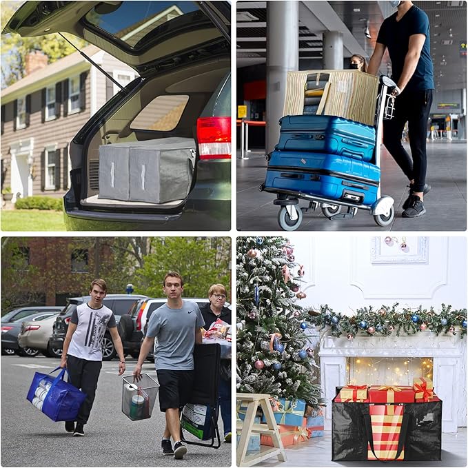 BALEINE 4-Pack Oversized Moving Bags with Reinforced Handles, Heavy-Duty Storage Tote Moving Supplies for Packaging, Camping (Black w/Window, 4-Pack)