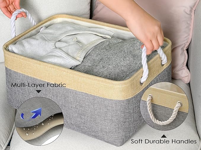 TheWarmHome Storage Basket for Organizing - 3 Pack 14x10x7 inch Large Collapsible Storage Bin for Shelves, Fabric Storage Cubes for Organizer ClosetCloth Gift Toy (Grey & Gold)