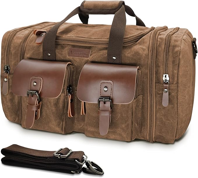 Wildroad Waxed Canvas Genuine Leather 50L Waterproof Duffle Bag - Vintage Travel Weekender Overnight Carry On