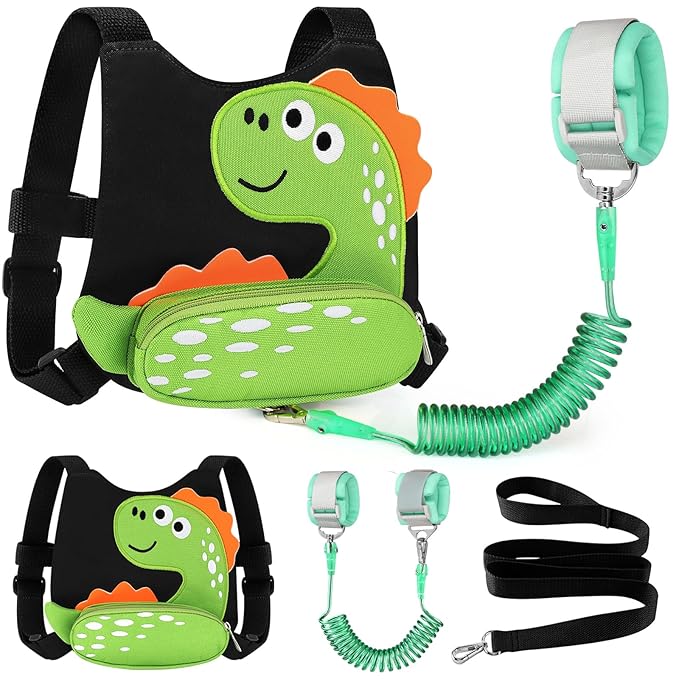 Accmor Toddler Harness Leash, Cute Dinosaur Kids Harness Child Leash with Anti Lost Wrist Link for Outdoor Travel, Adorable Baby Walking Harness Wristband Assistant Strap for 1-3 Years Old Boys Girls