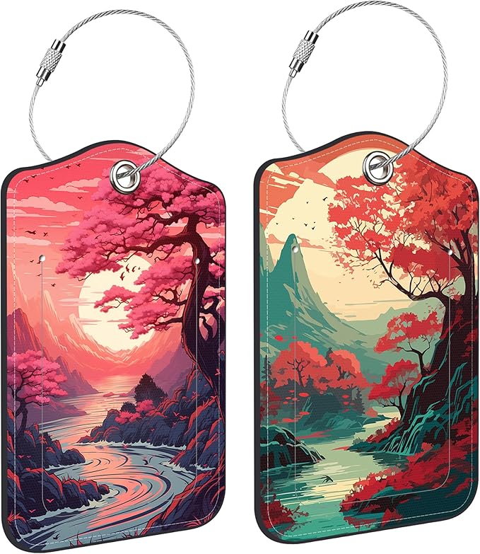 2 Pack Luggage Tag for Suitcase Japanese Sakura Tree Mountains Sunset Leather Suitcase Tags with Privacy Name ID Label and Stainless Steel Loop for Travel Bag
