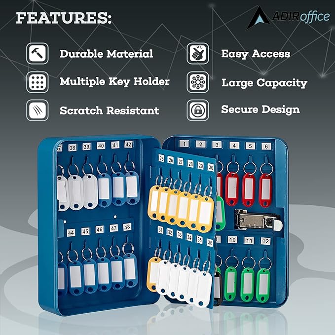 AdirOffice Key Lock Box - 48 Hook Wall Mounted Key Cabinet Holder, Lockable Storage - Metal Organizer for Home and Office
