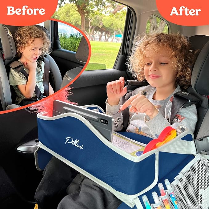 PILLANI Kids Travel Tray for Car - Car Seat Tray for Kids Travel, Road Trip Essentials Must Haves - Carseat Table Roadtrip Activities - Toddler Lap Desk Organizer for Airplane - Kids Travel Essentials