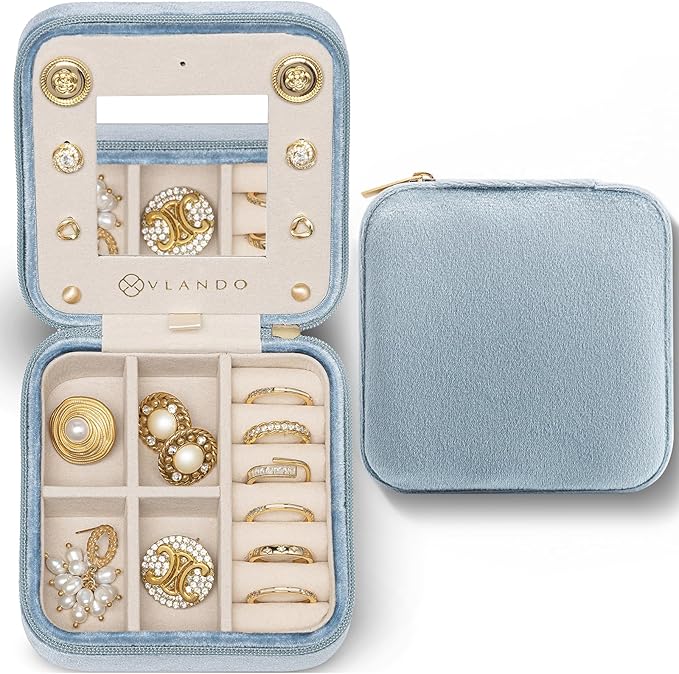 Vlando Velvet Travel Jewelry Case, Jewelry Travel Box for Women, Travel Jewelry Organizer, Small, Portable Jewelry Boxes with Mirror - Blue
