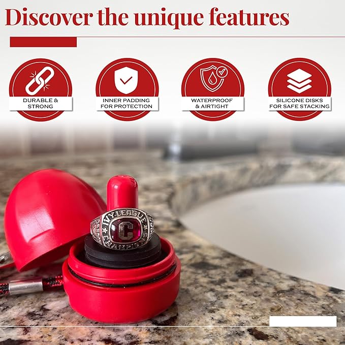 RING THING - Ring Holder Keychain, Jewelry Organizer and Storage, Portable Waterproof Ring Case, Pill Box Container, Gym and Travel Accessory (Ruby Red)