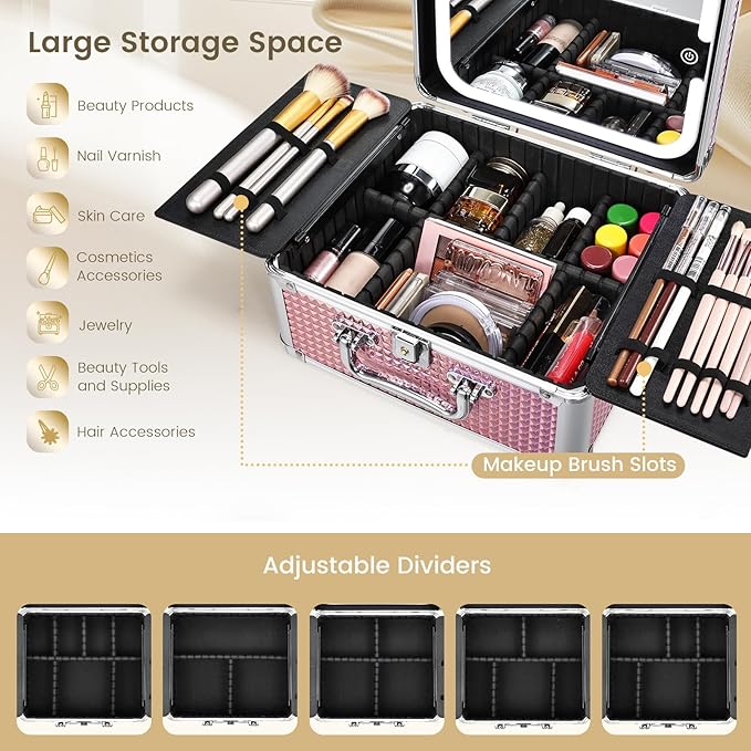 Makeup Case with Magnetic Lighted Mirror Makeup Organizer Box Travel Cosmetic Case with 3 Colors LED Mirror Portable Vanity Make up Suitcase with Lockable Keys Dividers Brush Holder Shiny Pink