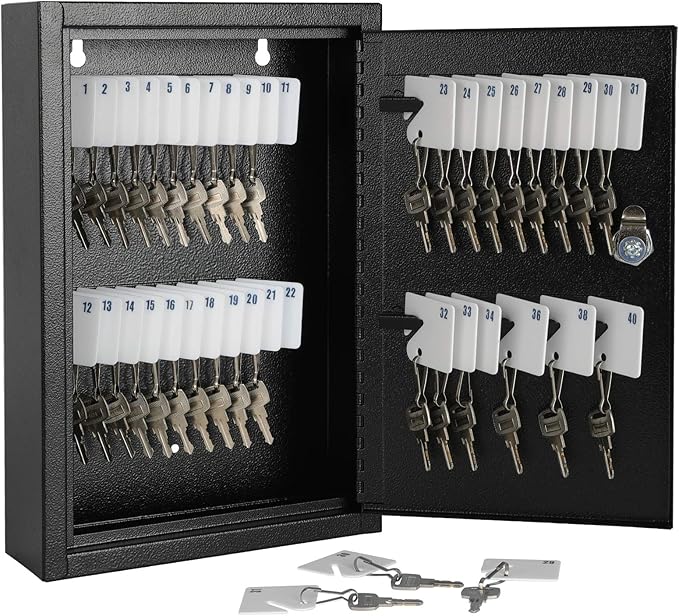 KYODOLED Key Storage Lock Box Wall Mount, Locking 40 Key Cabinet Holder Box with Key Lock, Hooks & Labels, 2.5" D x 8.1" W x 12.1" H