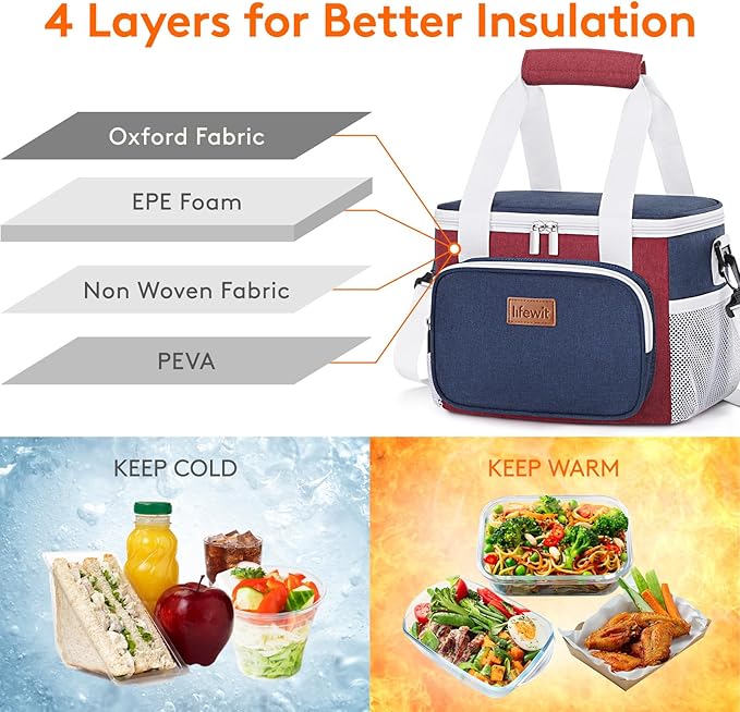Lifewit Medium Lunch Bag Insulated Lunch Box Soft Cooler Cooling Tote for Adult Men Women, White and Red and Blue 12-Can (9L)