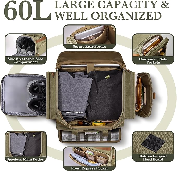 SHOWKOO Duffle Bag for Travel 60L Expandable Canvas Travel Bag Durable Vintage Weekender Overnight Carry On Bag for Men(Army Green)