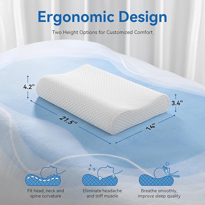 Ergonomic Memory Foam Pillow with Washable Zippered Soft Cover Contour Cervical pillows for Neck Pain and Side Sleeper Back Support Orthopedic Pillow, White
