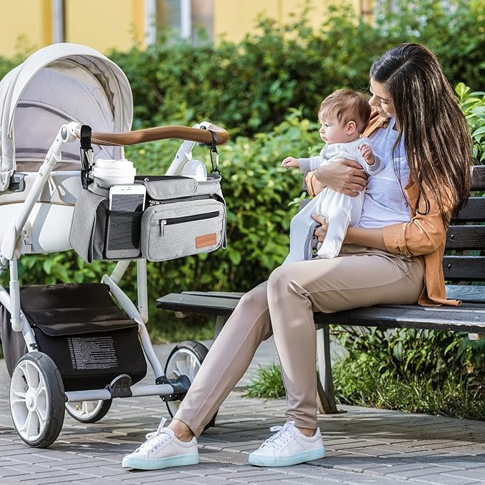 Momcozy Universal Stroller Organizer with Insulated Cup Holder Detachable Phone Bag & Shoulder Strap, Fits for Stroller like Uppababy, Baby Jogger, Britax, BOB, Umbrella and Pet Stroller