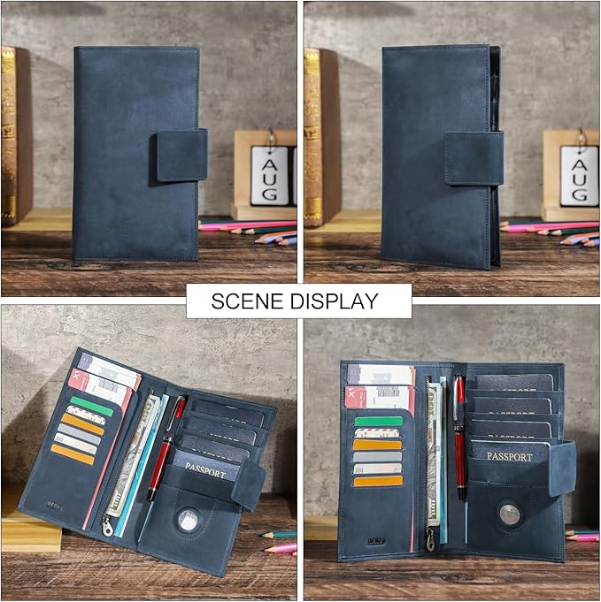 CONTACTS Full Grain Leather Family Passport Holder for 4 Airtag Passport Wallet RFID Blocking Travel Passport Cover with 4 Passport Slot, 6 Card Slot (Blue)