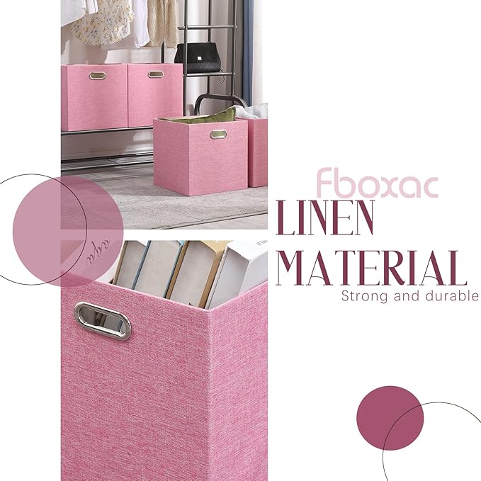 Pink Cube Storage Organizer Bins 13x13x13 Inch, 4 Pack Collapsible Organization Baskets with Handles, Thick Fabric Foldable Storage Boxes for Kallax Shelf Bookcase Closet Cabinet