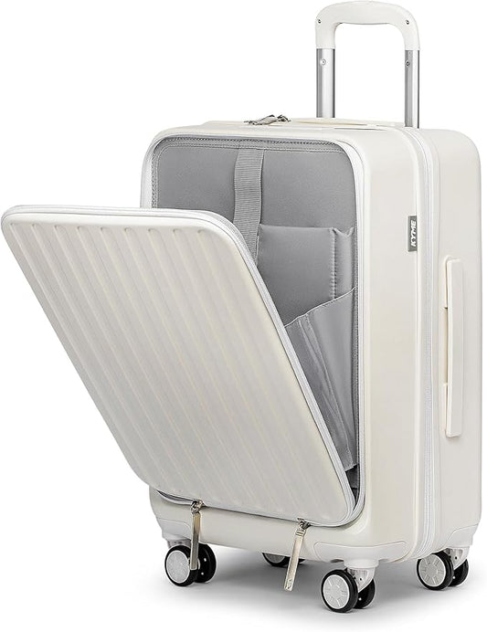 KYME 22-Inch Hardside Small Suitcase, 100% PC Hard Shell with Laptop Compartment, TSA Lock, Double Wheels for Men & Women, White