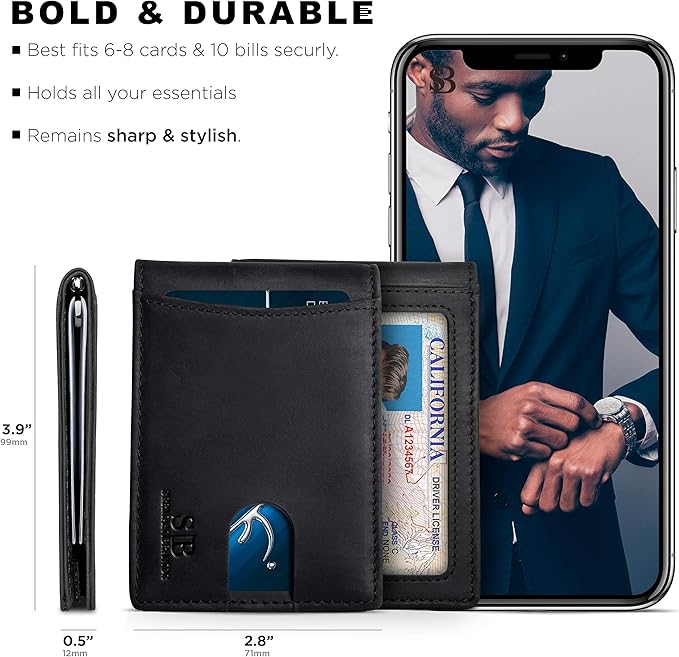SERMAN BRANDS RFID Blocking Slim Bifold Genuine Leather Minimalist Front Pocket Wallets for Men with Money Clip Thin Gift