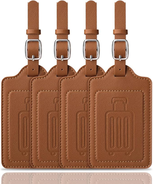 Teskyer Luggage Tags for Suitcases, TSA Approved with Privacy Protection Cover, Premium Faux Leather Bag Tags for Travel - 4 Pack, Brown