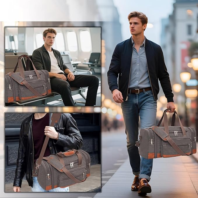 Men'S Duffle Bag For Travel, Expandable Canvas Duffel Bags Overnight Weekend Gym Carry On Luggage Bag For Men(Grey)