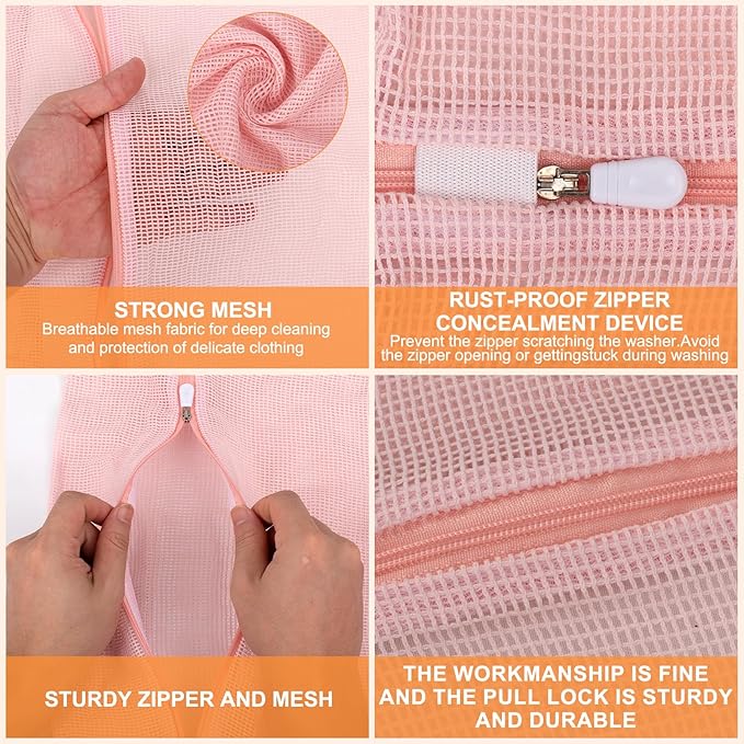 4-Piece Pink Large Durable Organic Cotton Mesh Laundry Bags with Sturdy Zippers and Breathable Mesh are Delicate Laundry Bags for Underwear, Clothes, Pants and Socks