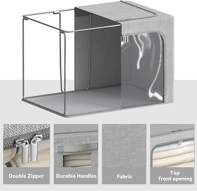 4 Pack Clothes Storage Bins with Metal Frame - Linen Fabric Foldable Stackable Container Organizer Set with Clear Window & Carry Handles & Zippers (Light Grey, 23.6"x16.5"x15.7")