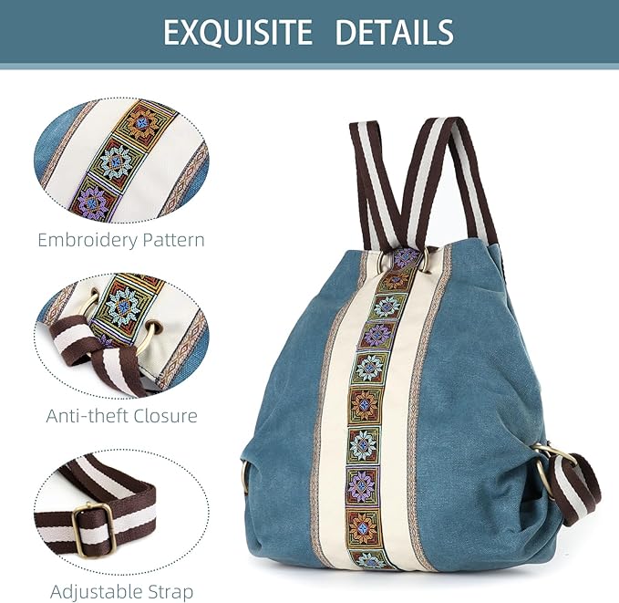 Goodhan Women Canvas Backpack Daypack Casual Shoulder Bag, Vintage Heavy-duty Anti-theft Travel Backpack (Green Blue)