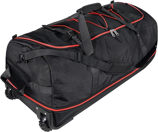110L/140L Expandable Soft-Sided Foldable Duffle Bag with 2 Rubber Wheels,Packable 32” Rolling Carry-On with Multi-Pockets & Compartments,Black Red