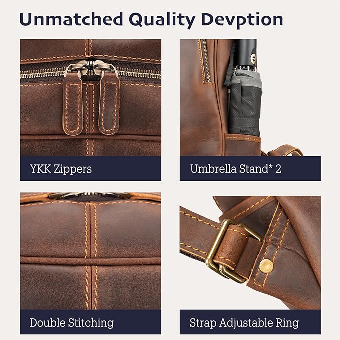 Leather Backpack for Men 15.6" Laptop Backpack 100% Madagascar top-Grain Leather Backpack Brown Medium Size