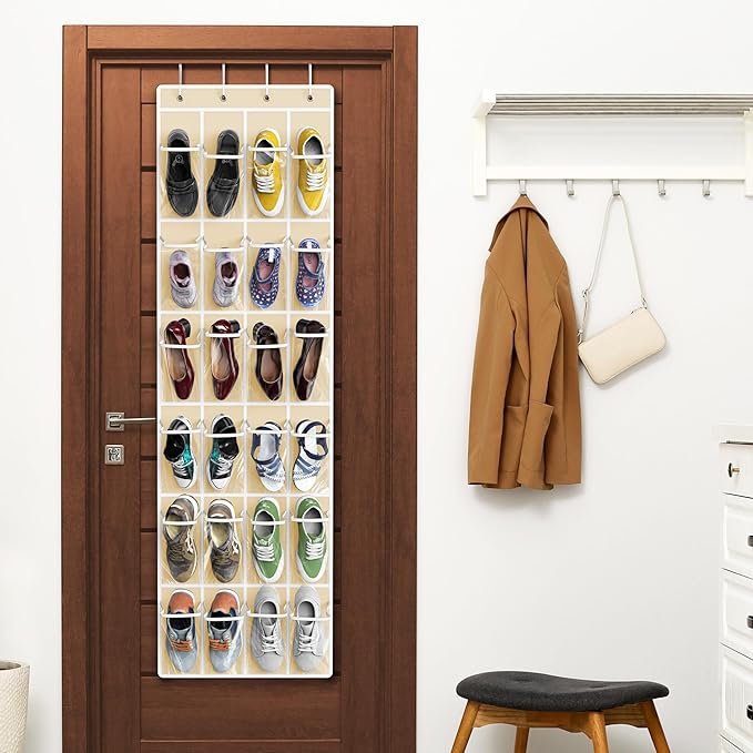 Simple Houseware 24 Pockets - Crystal Clear Over The Door Hanging Shoe Organizer, Beige (64'' x 19'')