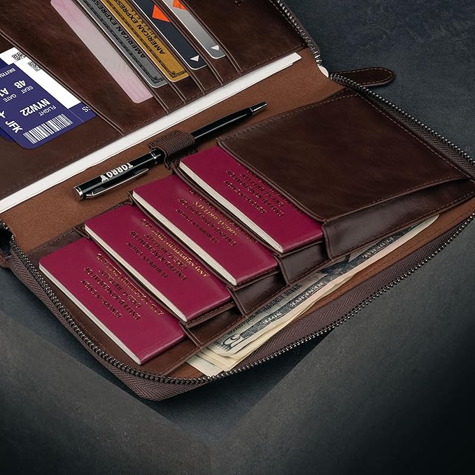 TORRO Premium Leather Family Travel Wallet, RFID Blocking Travel Organizer, Family Passport Holder for 4 Passports, Travel Documents and Cards (Dark Brown)