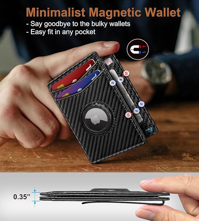 Airtag Wallet for Men- with Money Clip Gift Boxed, Magnetic Closure Slim Genuine Leather Front Pocket Wallet, 4.1"x 2.8", RFID Blocking