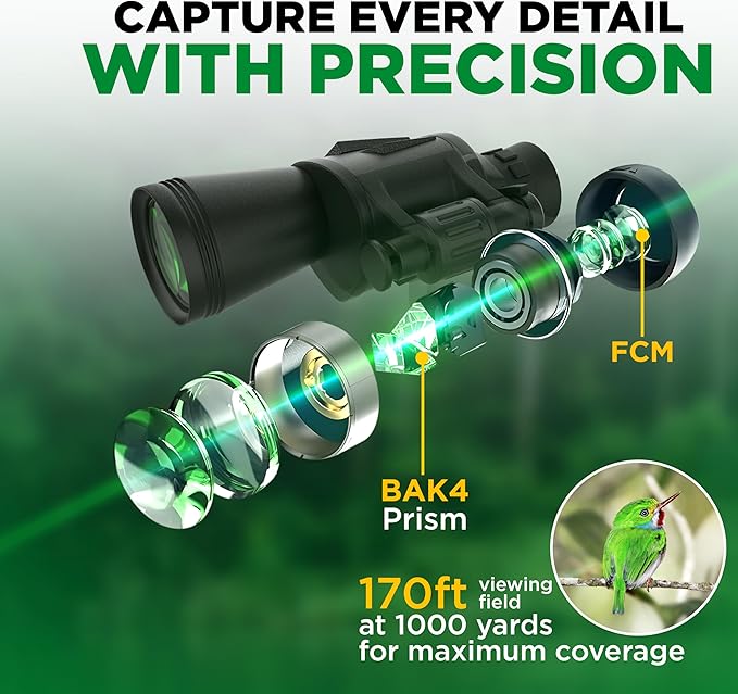 Binoculars with Smart Phone Bracket Adapter, Militar, 20x50, Adults, Bird Watching, High Power Waterproof with Low Light Night Vision for Hunting, Travel, Games, Carrying Case Strap.