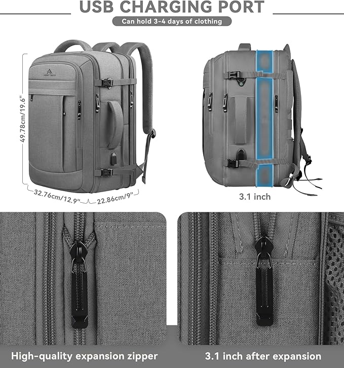 Carry On Backpack, 50L Extra Travel Laptop Backpack for Men Women, Big Bag Business Travel Essentials Gifts for men, 17 Inch Laptop Backpack Computer Bag Gifts for Him Men, Grey