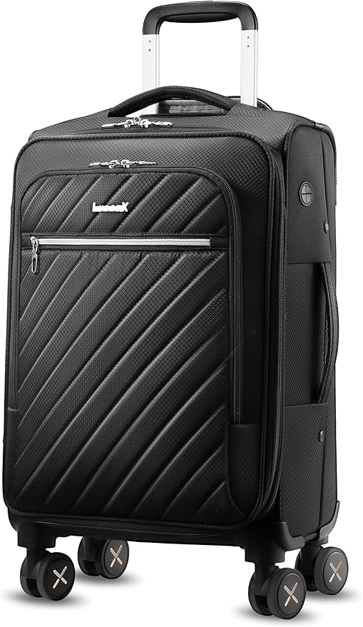 LUGGEX Carry On Luggage with Spinner Wheels - Stylish Lightweight Carry On Suitcase - Soft Sided 22x14x9 airline approved with Front Open Design for Travel, Business (Black, 20 Inch)