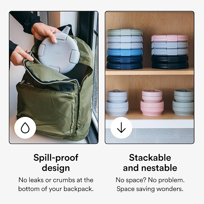 STOJO Collapsible Bowl 5 Set - Eucalyptus, 36oz - Reusable Silicone Bowl for Hot and Cold Food - Perfect for Travel, Meal Prep, To-Go Lunch, Camping & Hiking - Microwave & Dishwasher Safe