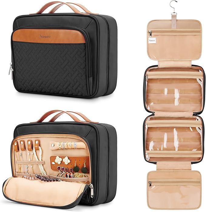Travel Hanging Toiletry Bag for Women, Holds Full-Size Shampoo, with Jewelry Organizer Compartment, Extra Large Makeup Bag, Waterproof Cosmetic Bag, Toiletries Kit Set with Trolley Belt, Black
