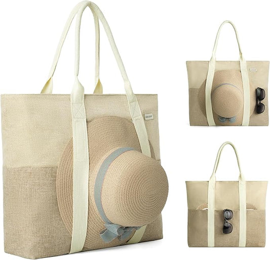 Large Beach Tote Bag with Zipper-Travel Tote Bag for Women with Sun Hat Holder Strap Boho Summer Beach Tote