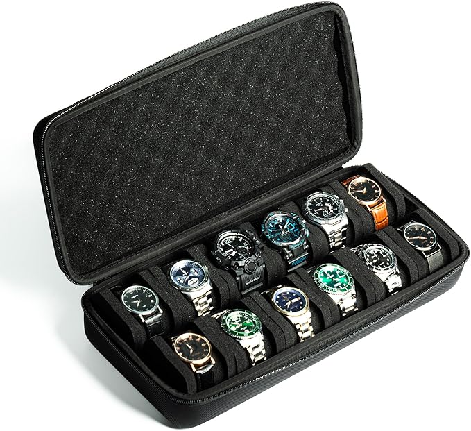 12 slots Watch Case, hard watch travel case, storage box, padded case for watch display and organization