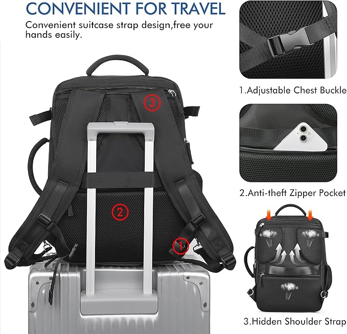 Beraliy Travel Backpack for Men Women, Large Carry On Backpack, Personal Item Bag Airline Approved, 17 inch Laptop Backpack, Business Work Gym Weekender Bag, Black