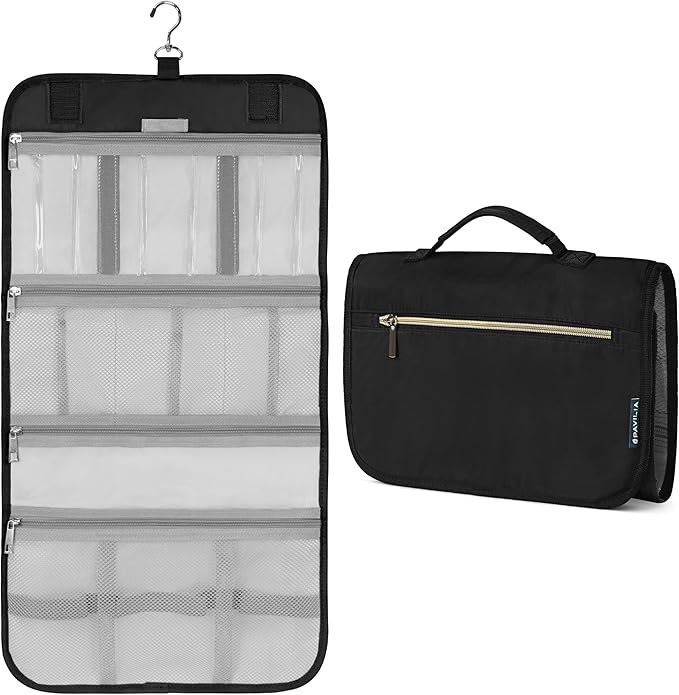 PAVILIA Hanging Toiletry Bag Women Men, Travel Kit Foldable Large Toiletries Organizer, Roll up Cosmetics Makeup Bag Accessories, Waterproof Essentials Jewelry Case (Black)