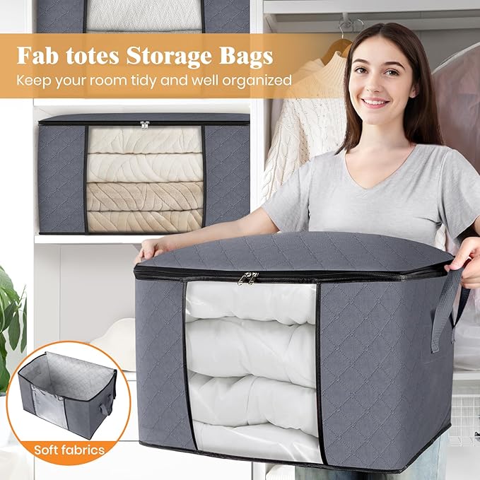 Fab totes 24 Gallons Clothes Storage, Foldable Thick Fabric Blanket Storage Bags, Containers for Organizing Bedroom, Closet, Clothing, Comforter, Organization with Handle (8 Pack,Grey)
