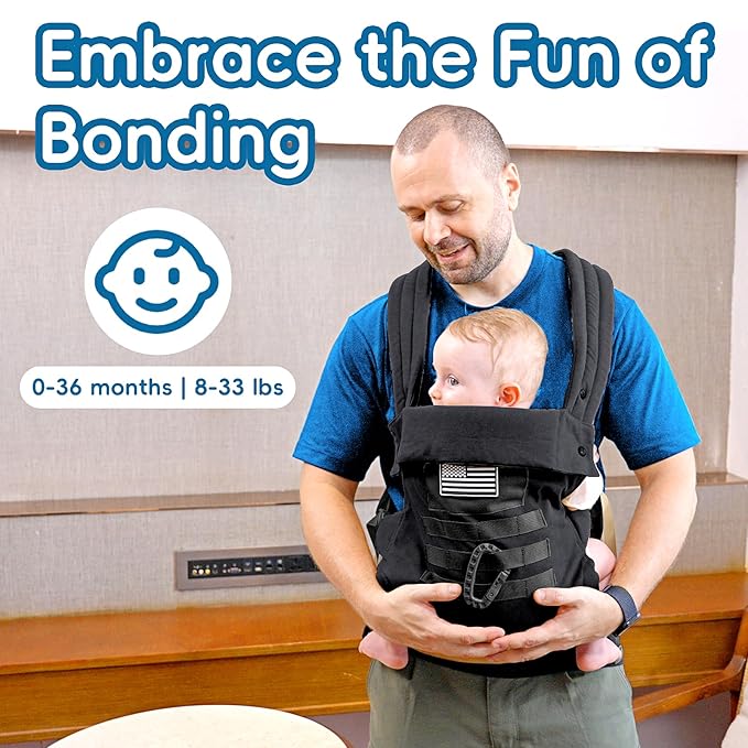 Baby Carrier, Lumbar Support Infant Carrier (0-36M, 8-33 lbs) with Foldable Headrest Carabiners for Big and Tall Parents, Men, Women (Black)