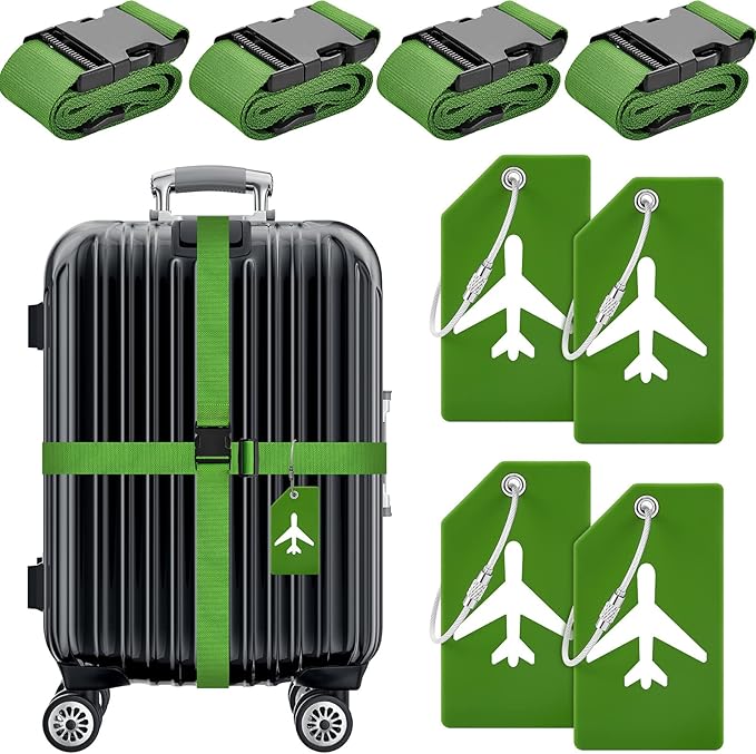 Weewooday 8 Pcs Luggage Straps Suitcase Tags Set for TSA Approved, 4 Travel Adjustable Suitcase Belt, 4 Silicone Luggage Tags with Name ID Card Travel Accessories(Green,Airplane)