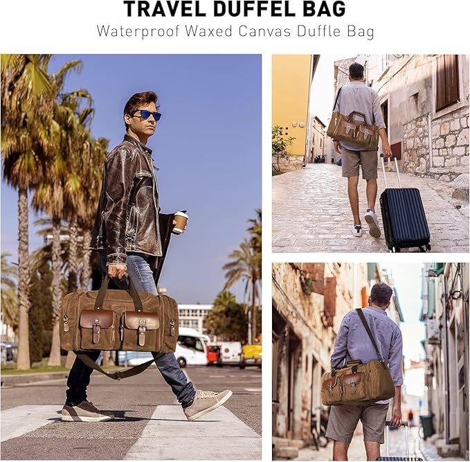 Wildroad Waxed Canvas Duffle Bag - 60L Waterproof Genuine Leather Weekender Overnight Travel Hand Bag