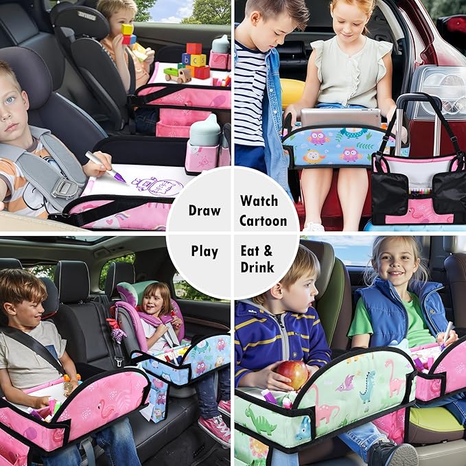 2PCS Kids Travel Tray, Car Seat Tray for kids Travel, Toddler Road Trip Essentials With Drawing Kit, Toddler Lap Desk Organizer for Car, Carseat Table for Airplane
