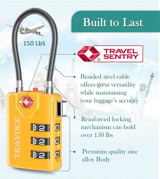 Search Alert TSA Approved Travel Combination Luggage Cable Locks for Suitcase, Gym Locker,Toolbox,Backpack 1,2,4,6 &10 pk (Three Colors)