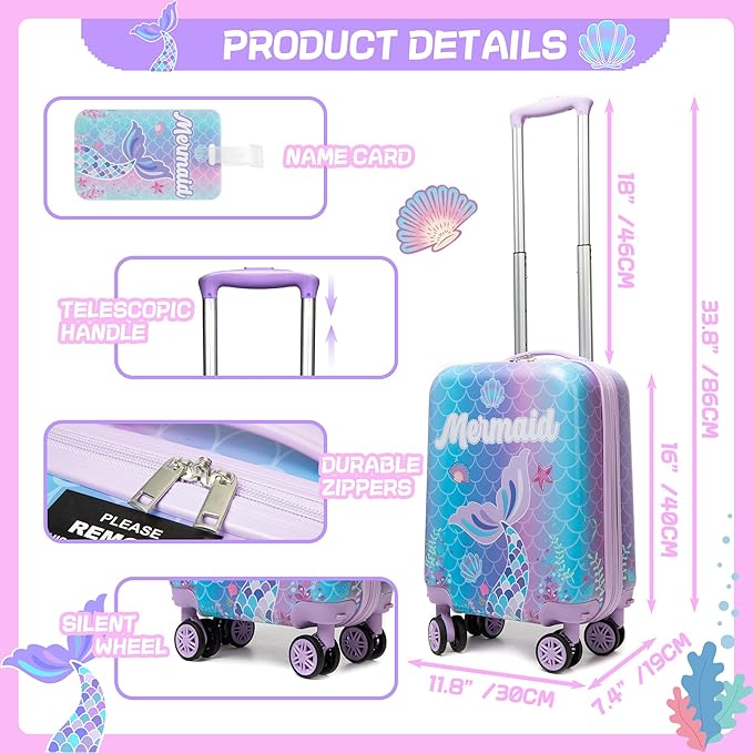 Cute Mermaid Kid’s Luggage Set 5 Piece Suitcase Set 16’’ Hardside Luggage with Spinner Wheels Girls Travel Rolling Luggage Carry on Luggage Airline Approved