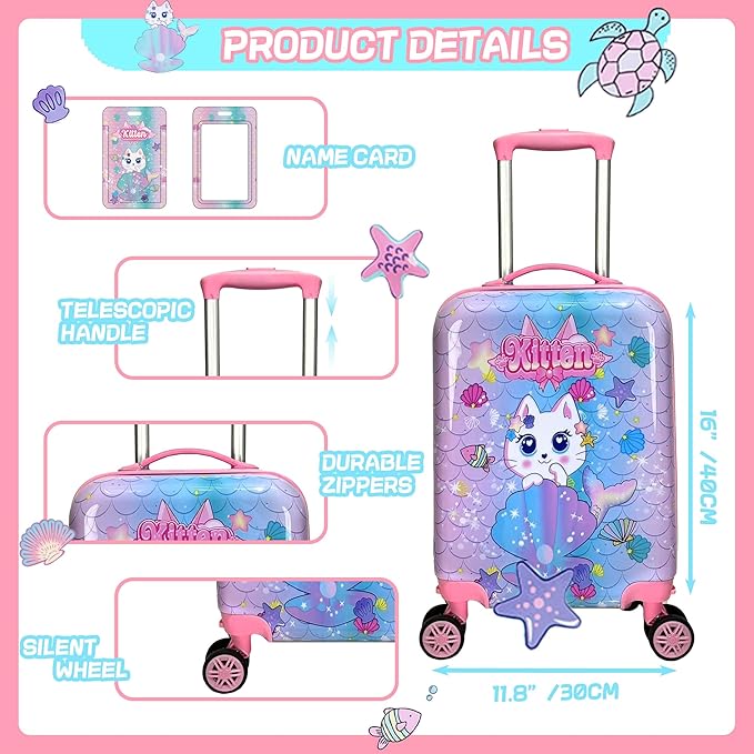 Cute Cat Kid’s Luggage Set 5 Piece Suitcase Set 16’’ Hardside Luggage with Spinner Wheels Girls Boys Carry on Toddler Luggage Travel Rolling Luggage Airline Approved