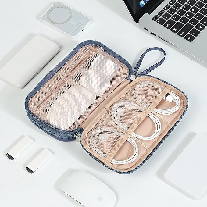NISHEL Travel Cord Organizer Case, Double Layers Tech Electronic Bag, Essentials for Charger, Cable, Phone, Flash drive, Aegean-Blue