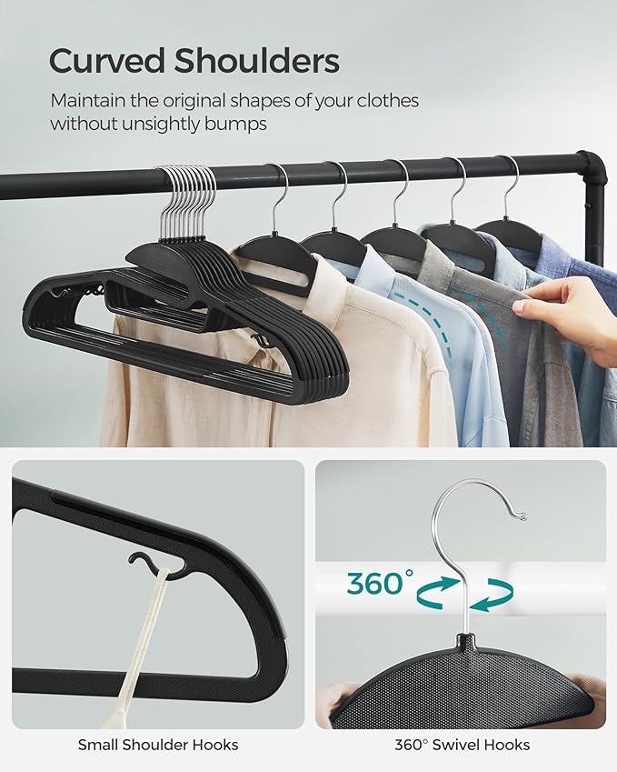 SONGMICS 50 Pack Coat Hangers, Heavy-Duty Plastic Suit Hangers, S-Shaped Opening, Space-Saving, 360º Swivel Hook, 16.3 Inches Wide, Ink Black UCRP41BK-50
