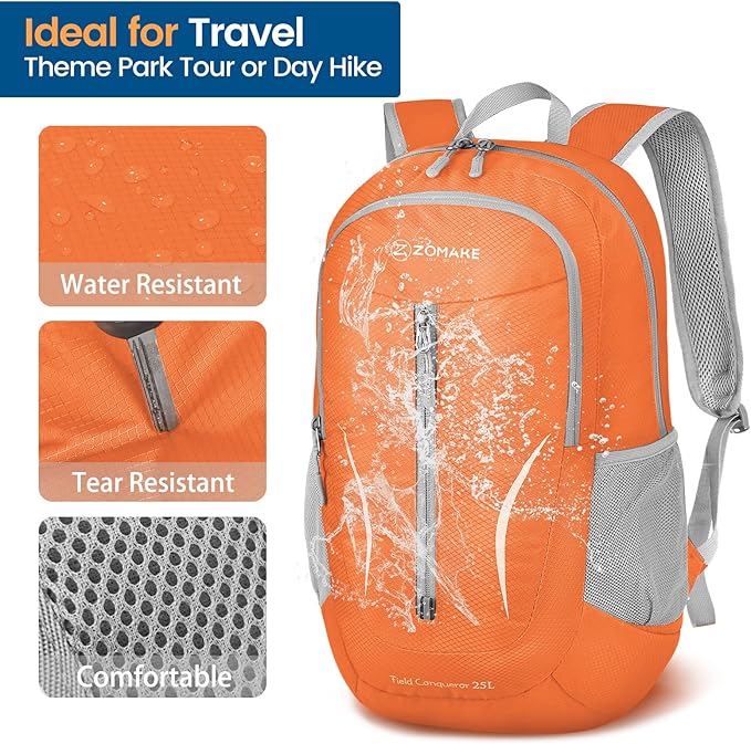 ZOMAKE Ultra Lightweight Packable Backpack 25L, Foldable Hiking Backpacks Water Resistant Small Folding Daypack for Travel(Orange)