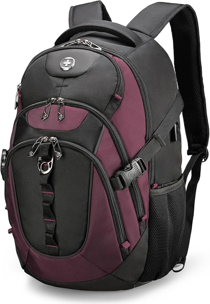 Swissdigital Design Laptop Backpack with USB Charging Port, TSA Travel Backpack Fits 15.6 inches Computer, 31L College School Backpack for Women, Burgundy/Black | SD803